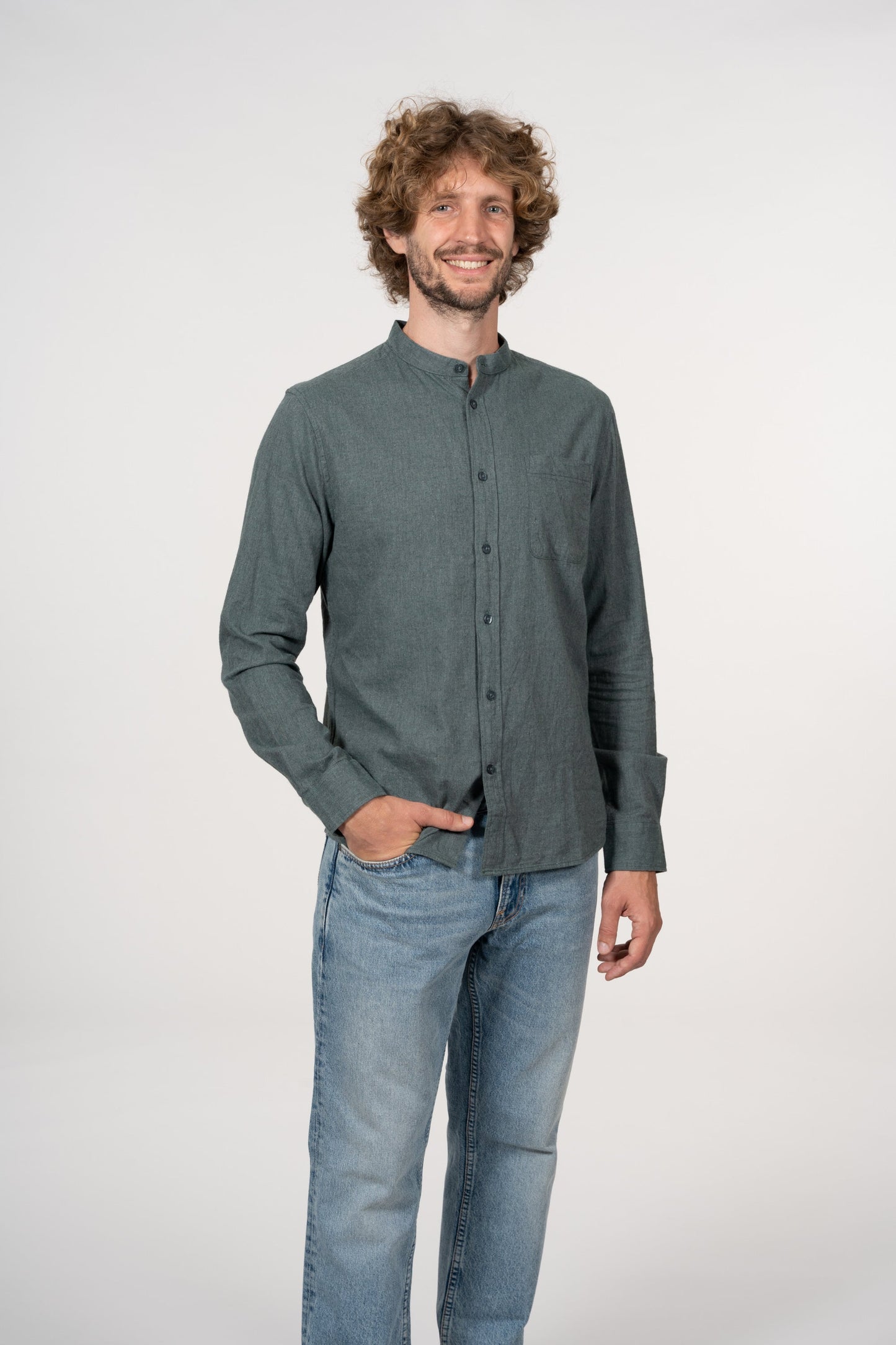 Chemise col officier flanelle vert en coton bio - flannel elder green forest