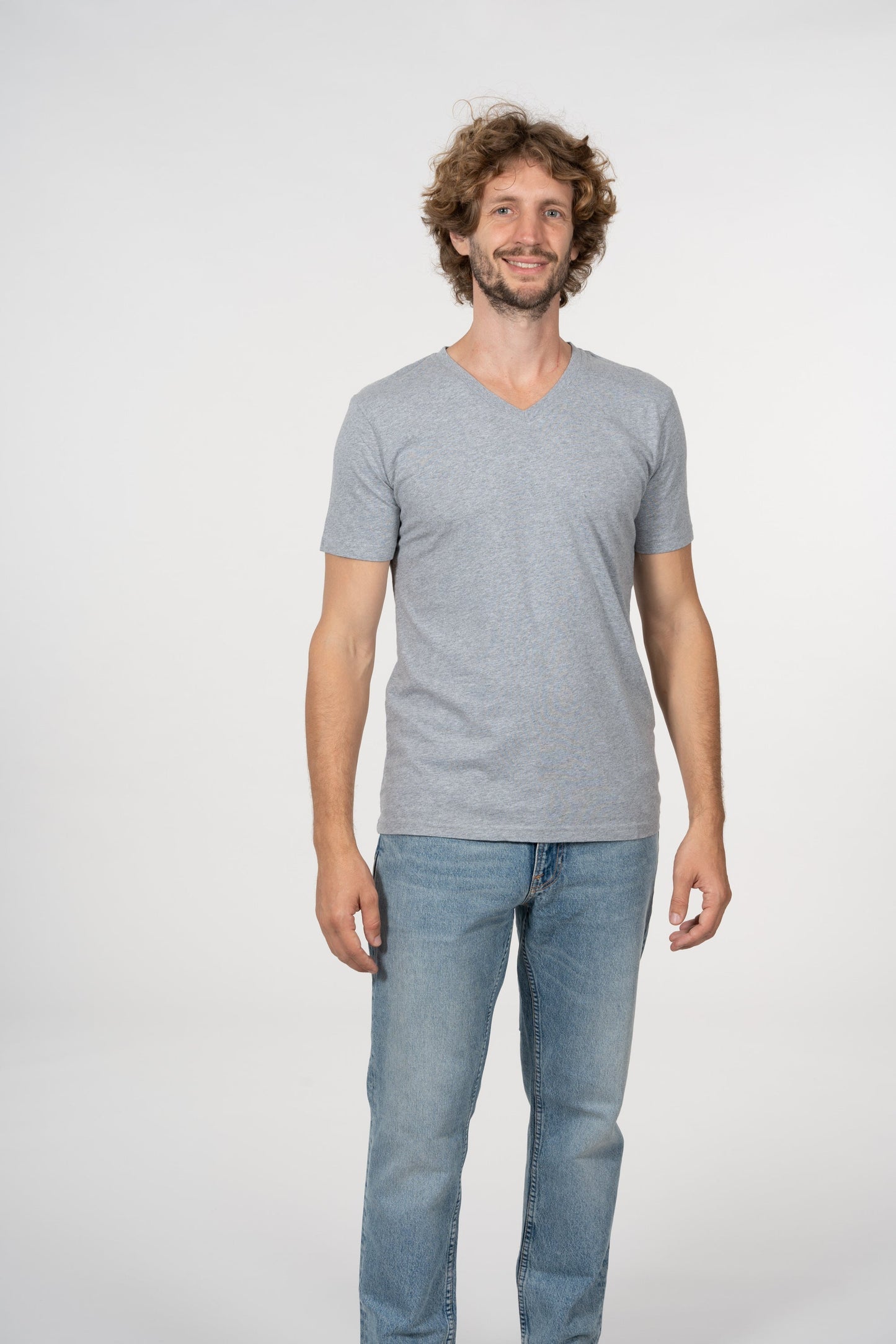 T-shirt col V gris en coton bio - alder grey melange