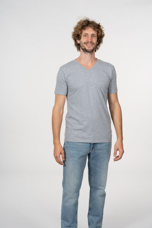 T-shirt col V gris en coton bio - alder grey melange