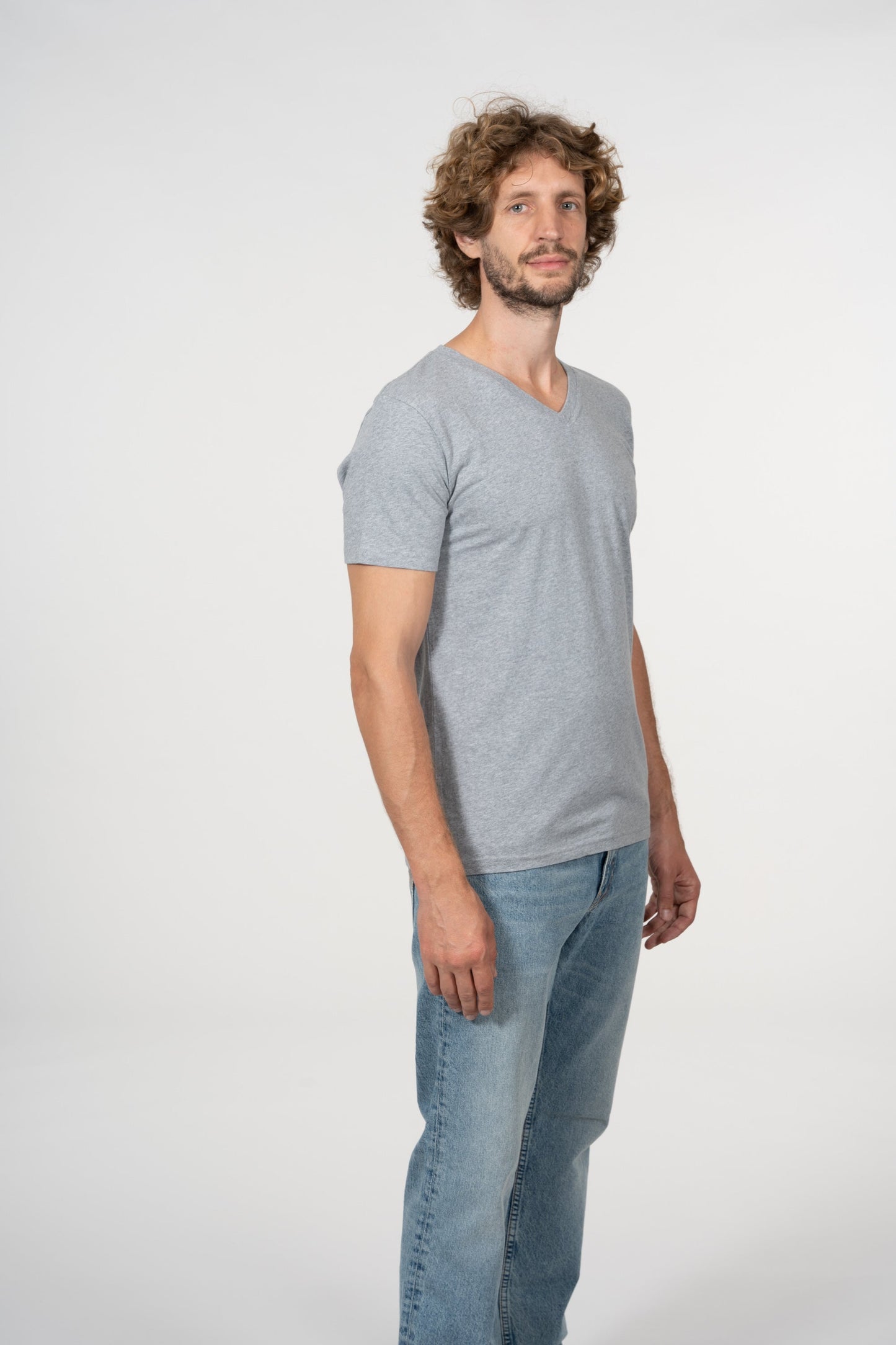 T-shirt col V gris en coton bio - alder grey melange
