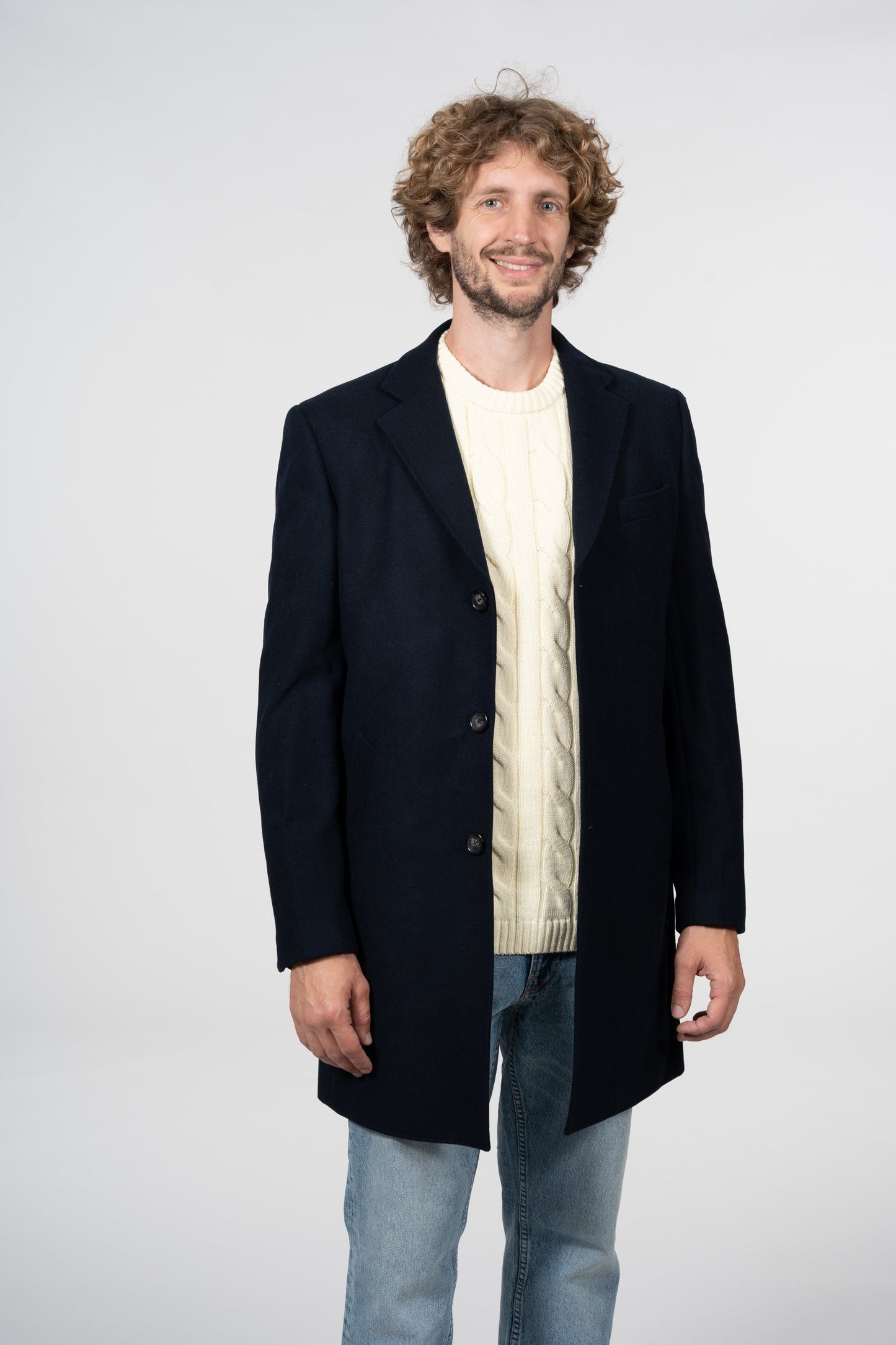 Manteau long bleu nuit en laine recyclé et polyester - Wool Coat