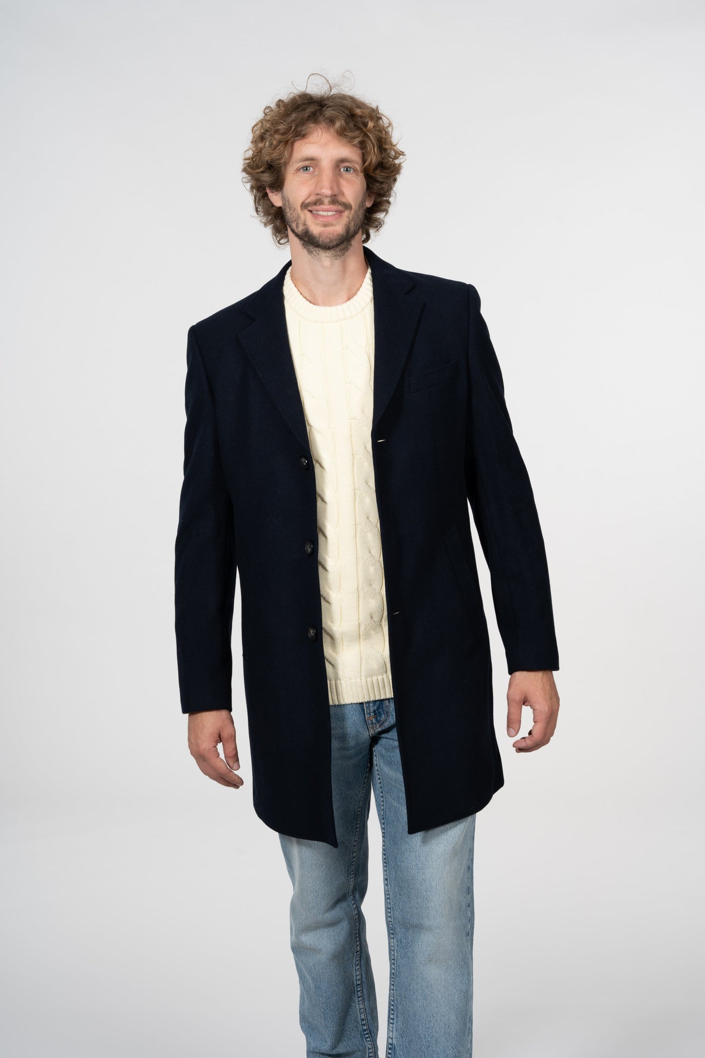 Manteau long bleu nuit en laine recyclé et polyester - Wool Coat