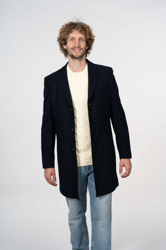 Manteau long bleu nuit en laine recyclé et polyester - Wool Coat