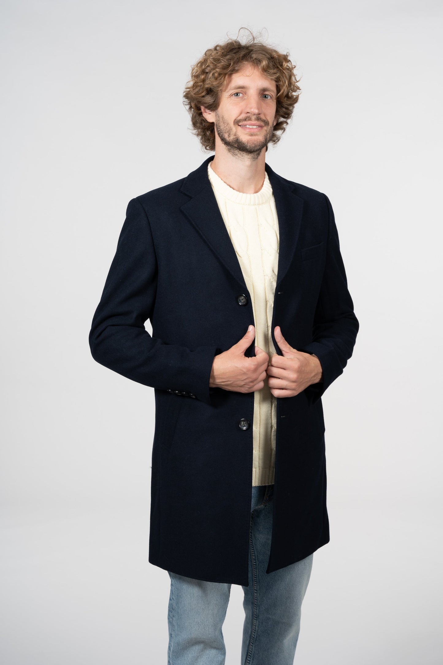 Manteau long bleu nuit en laine recyclé et polyester - Wool Coat