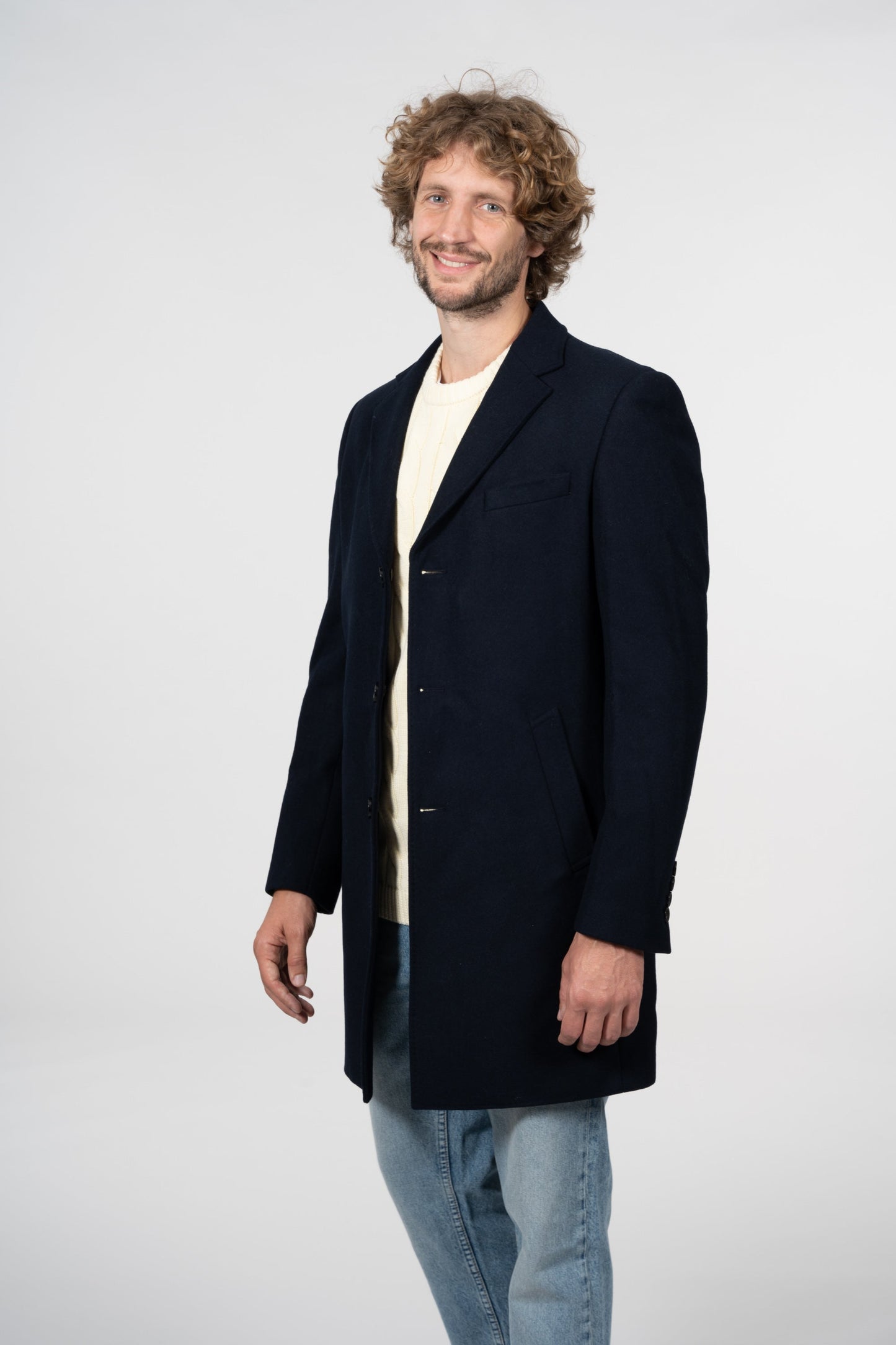 Manteau long bleu nuit en laine recyclé et polyester - Wool Coat