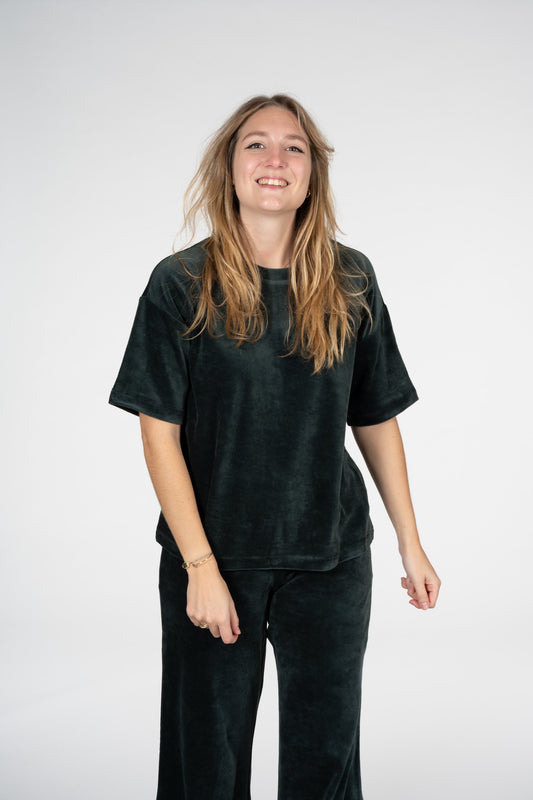 T-shirt ample velours vert foncé en coton bio - maarli vintage green