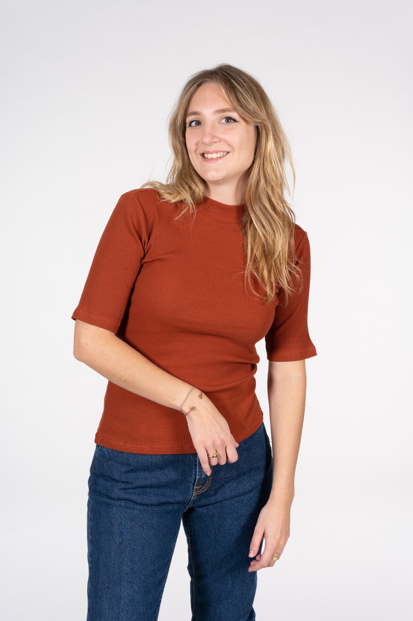 T-shirt col cheminée en coton bio | Orange "rib high neck short sleeved orange"