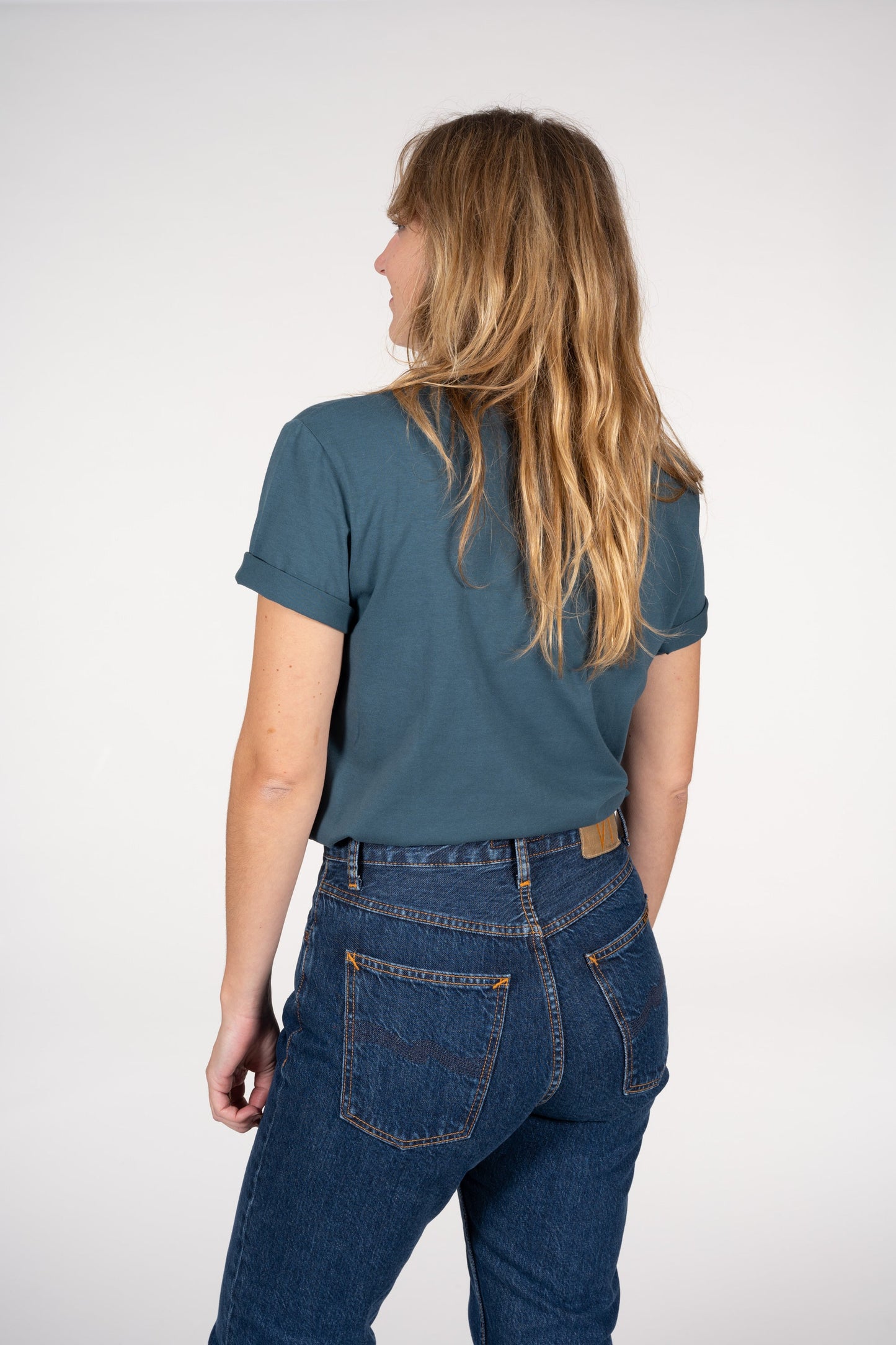 T-shirt brodé bleu canard en coton bio - Rose