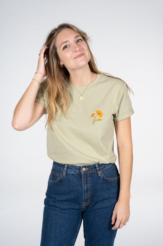 T-shirt vert brodé en coton bio - Oeillet femme