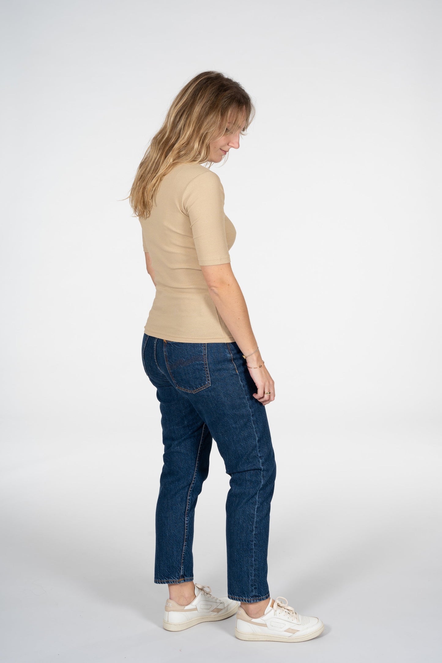 T-shirt col cheminée en coton bio | Beige "rib high neck short sleeved beige"
