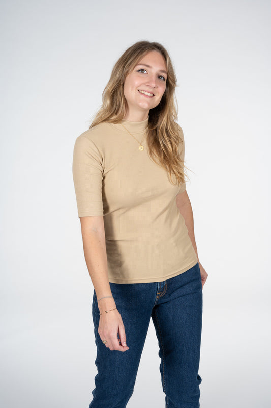 T-shirt col cheminée en coton bio | Beige "rib high neck short sleeved beige"