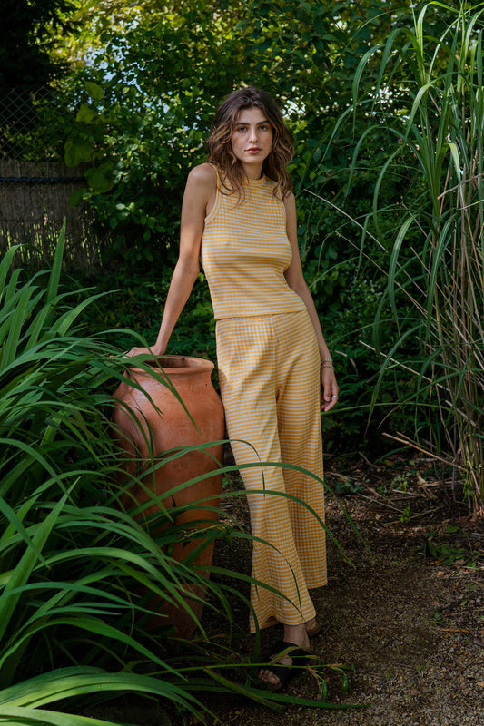 Pantalon ample en coton bio | Rayé jaune et blanc "ribbed lounge pant yellow/sand stripe"