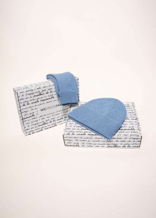 Coffret cadeau bonnet/chaussettes en laine mérinos recyclée - stone blue - coffret n°14
