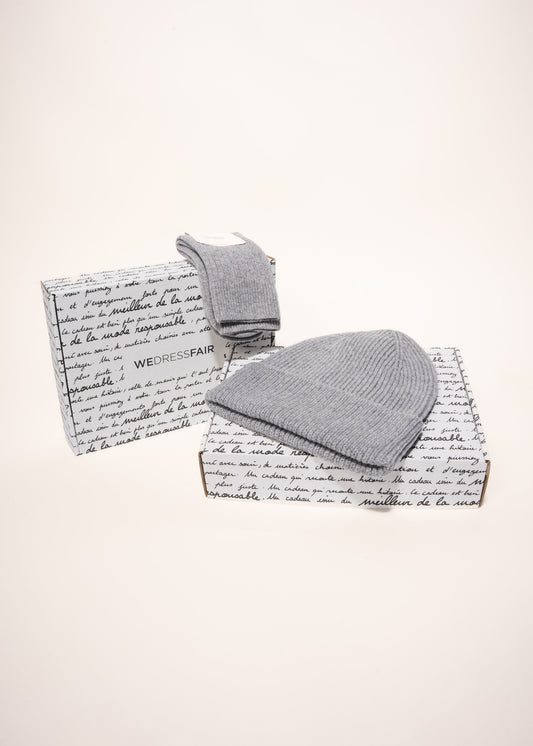 Coffret cadeau bonnet/chaussettes en laine mérinos recyclée - heather grey - coffret n°12