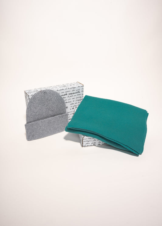 Coffret cadeau bonnet/écharpe en laine mérinos recyclée - heather grey/teal blue - coffret n°3