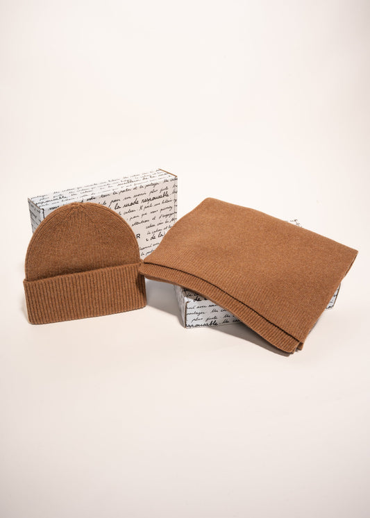 Coffret cadeau bonnet/écharpe en laine mérinos recyclée  - sahara camel - coffret n°7