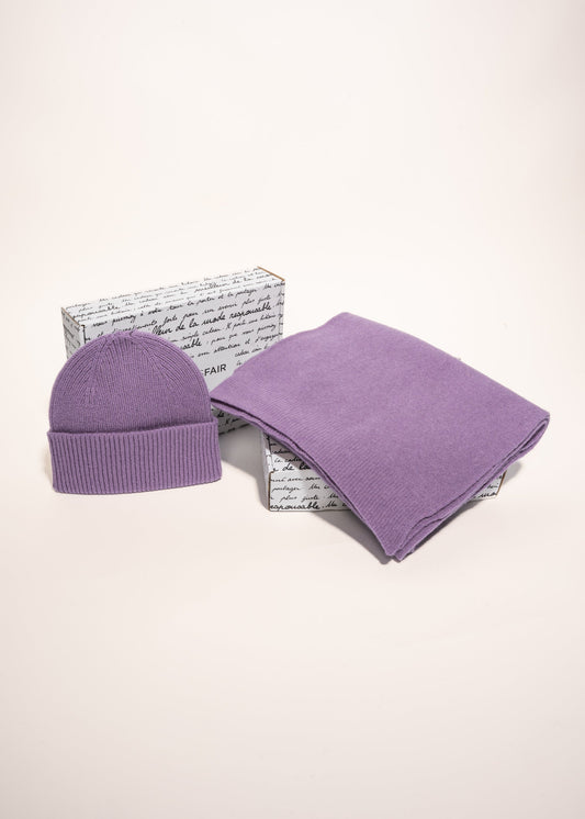 Coffret cadeau bonnet/écharpe en laine mérinos recyclée - purple haze - coffret n°6