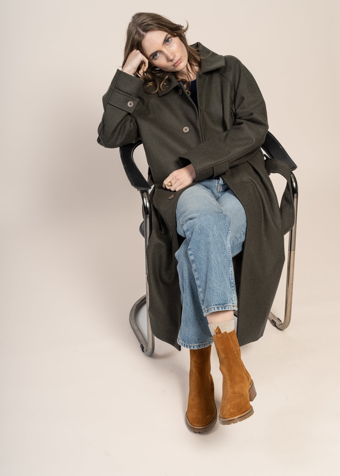 Manteau long en laine et cachemire recyclé | kaki "verlaine - khaki"