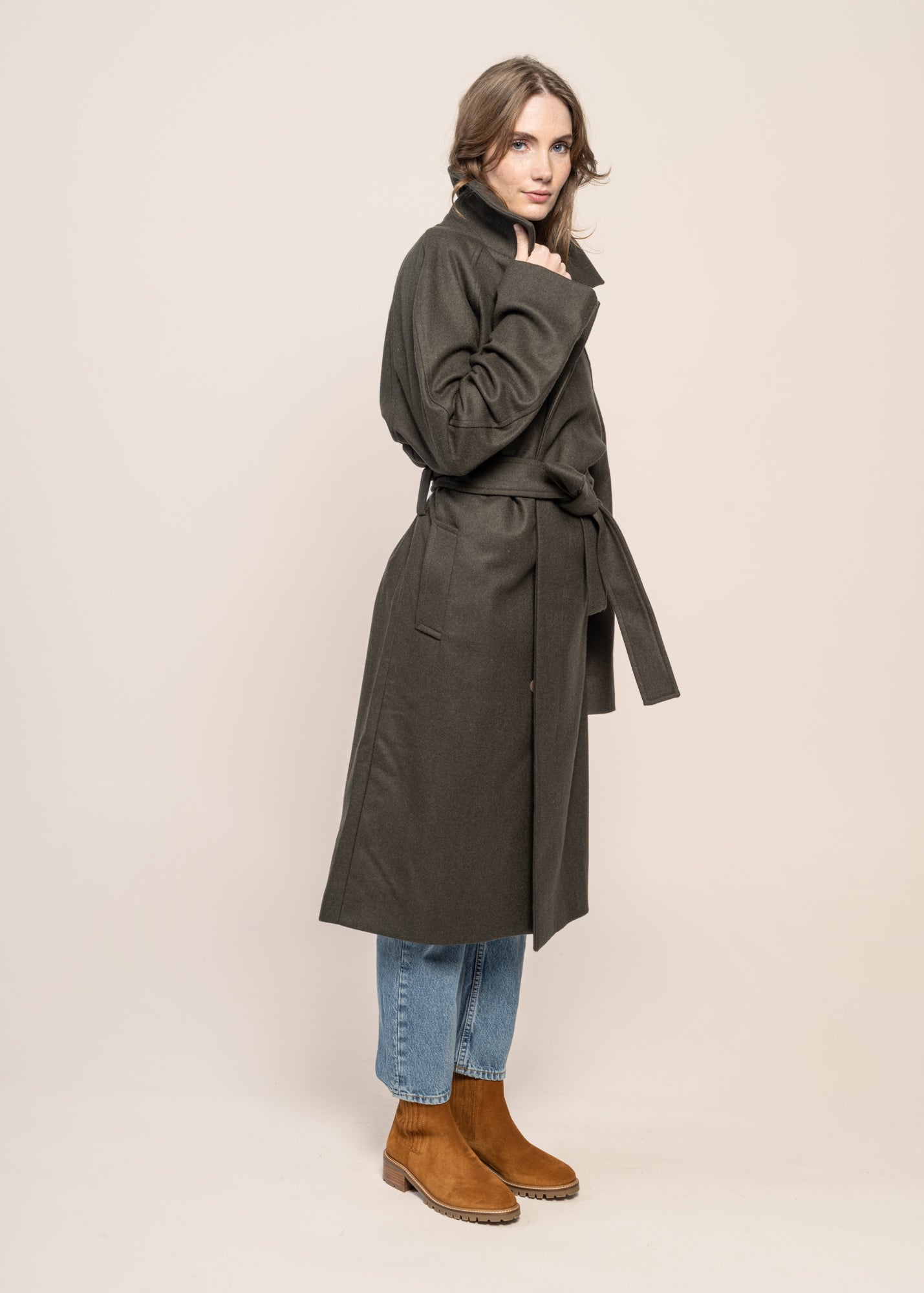 Manteau long en laine et cachemire recyclé | kaki "verlaine - khaki"