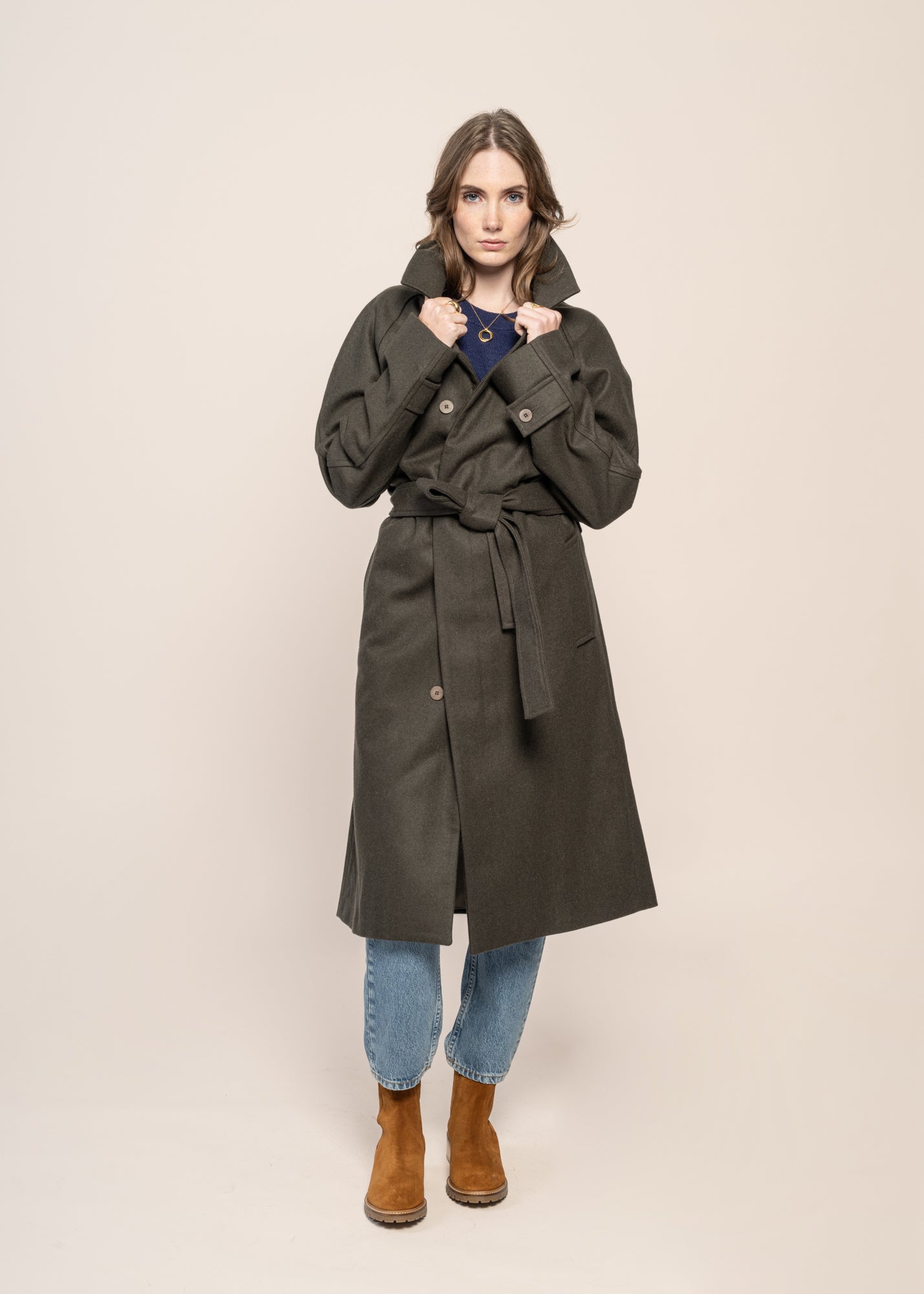 Manteau long en laine et cachemire recyclé | kaki "verlaine - khaki"