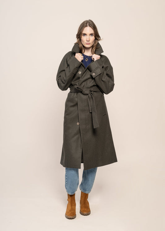 Manteau long en laine et cachemire recyclé | kaki "verlaine - khaki"