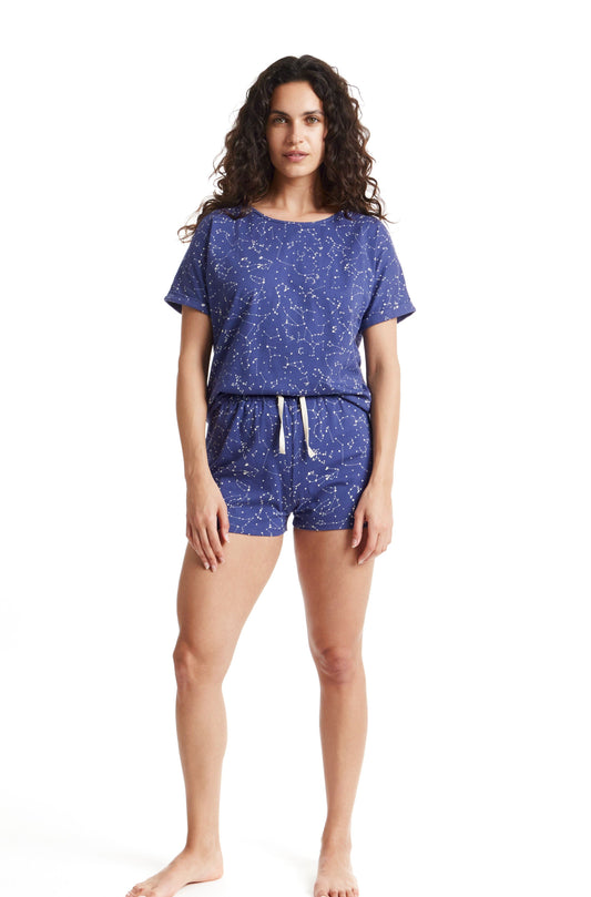 Short pyjama bleu à motifs en coton bio - constellation pyjama shorts - blue