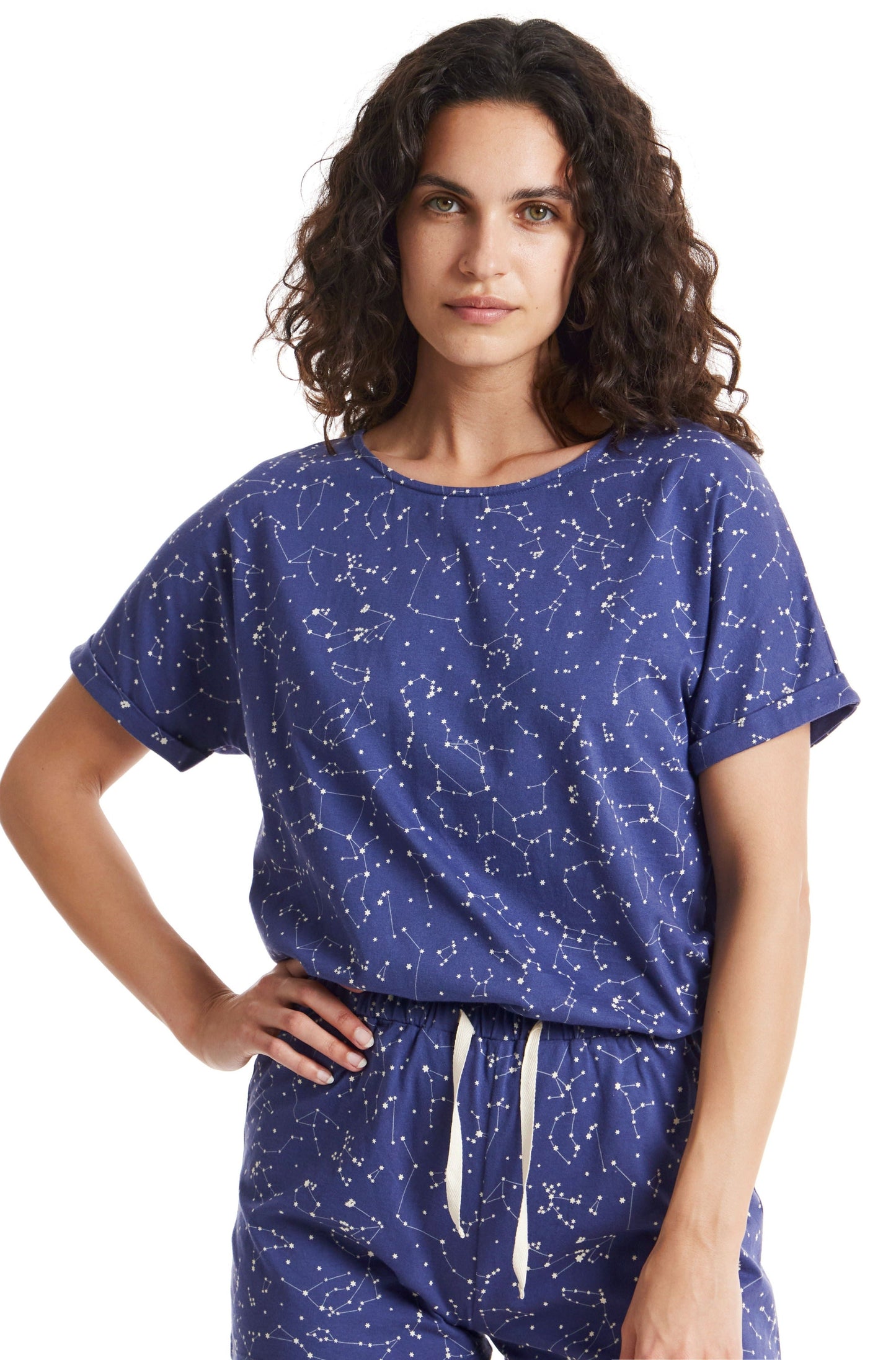 Short pyjama bleu à motifs en coton bio - constellation pyjama shorts - blue