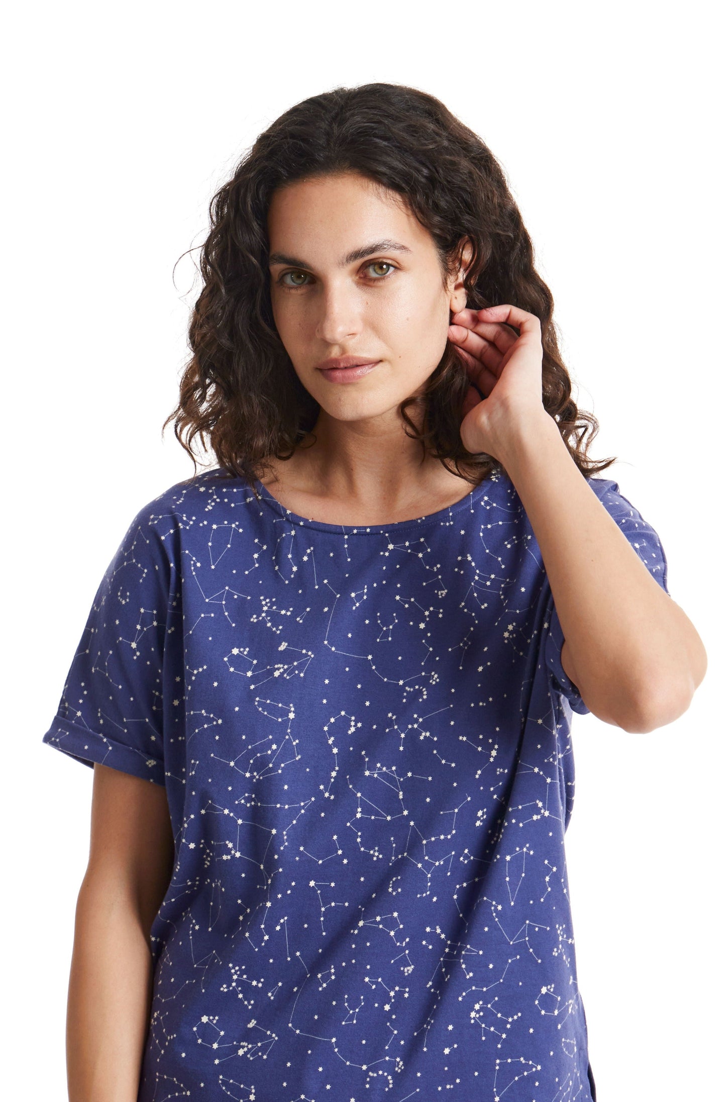 T-shirt pyjama bleu à motifs en coton bio - constellation pyjama tee - blue