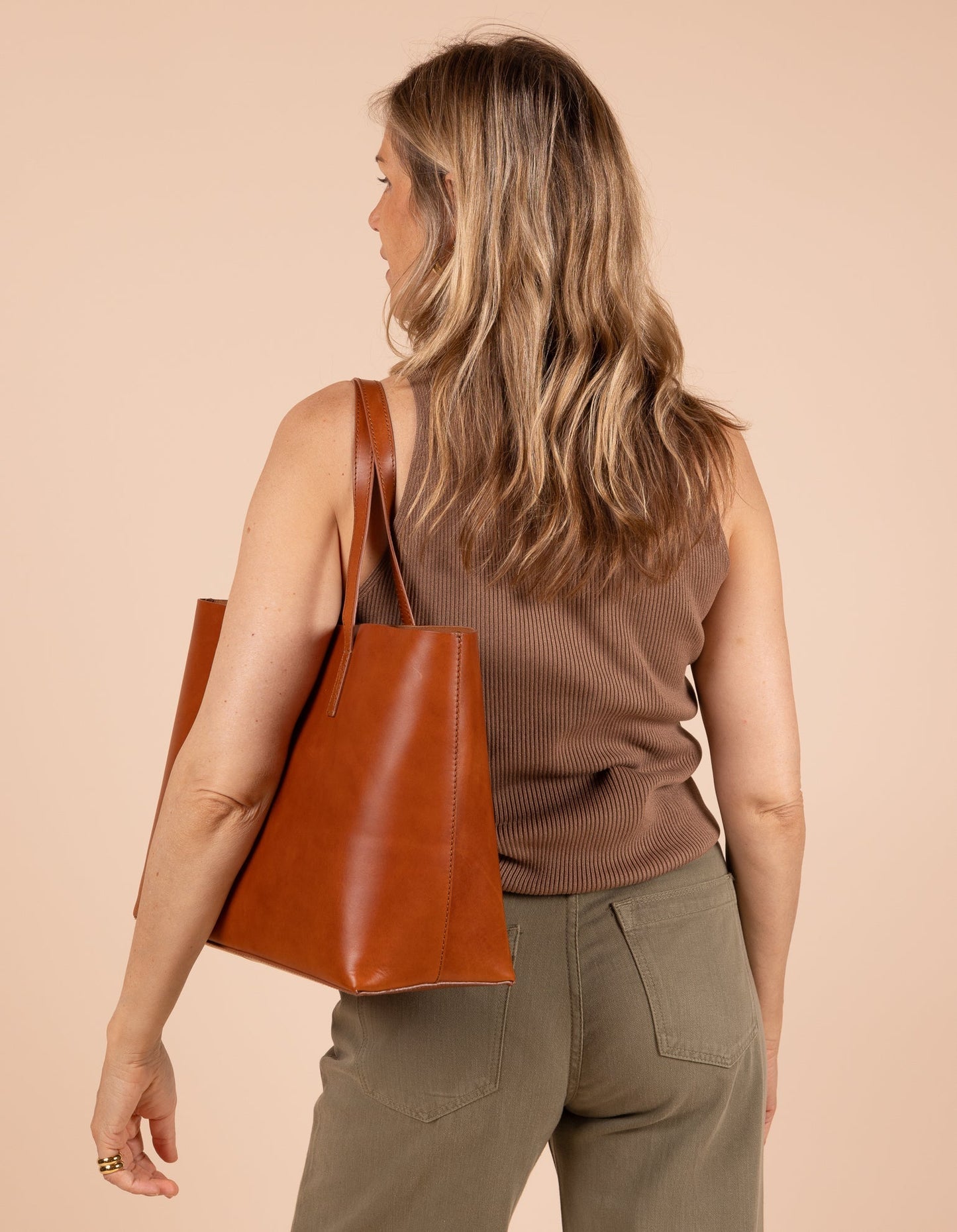 Sac cabas en cuir certifié | camel "sam shopper cognac classic leather""