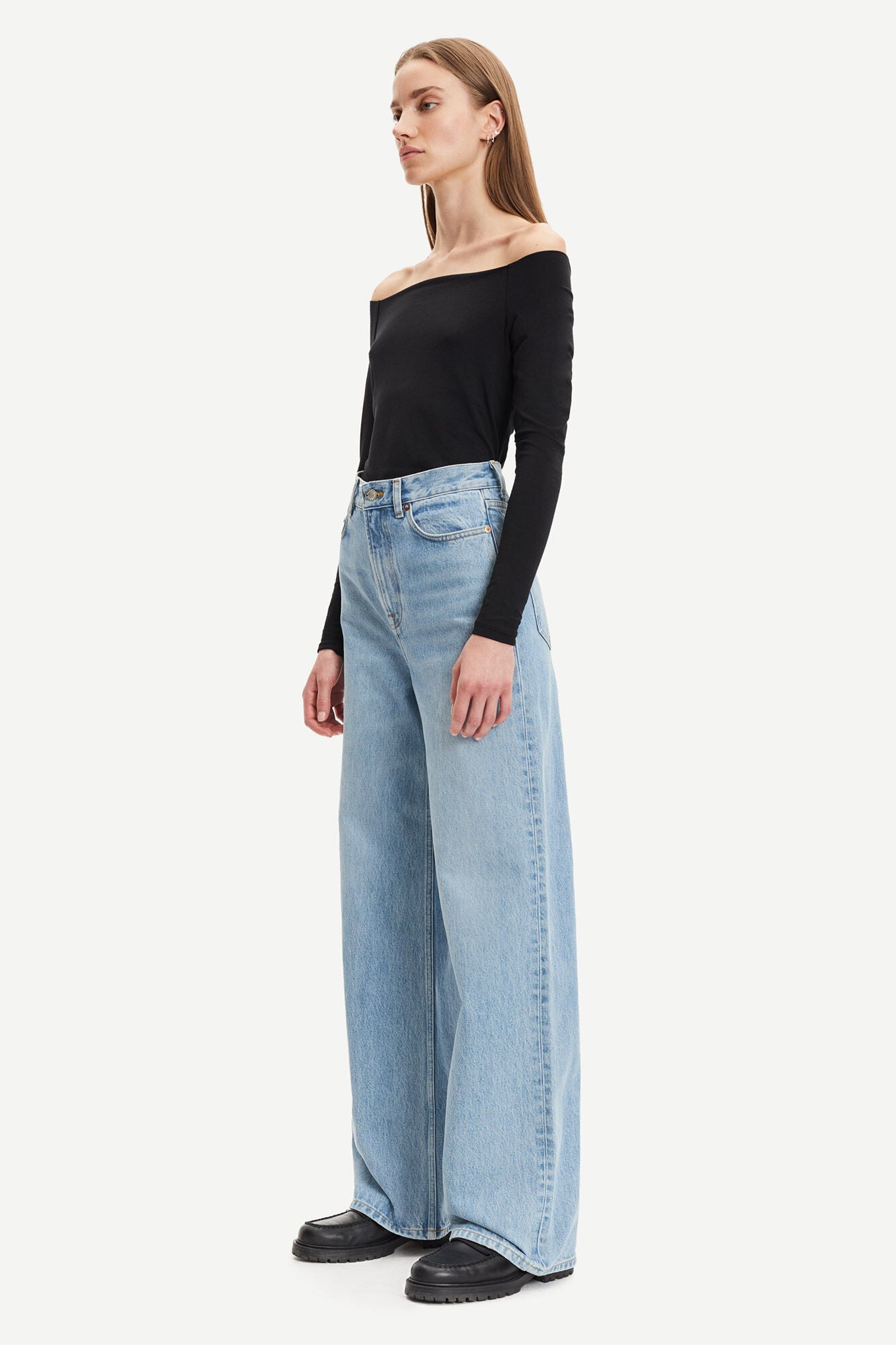 Top manches longues col dégagé noir en coton bio et modal - nana ls 265 black