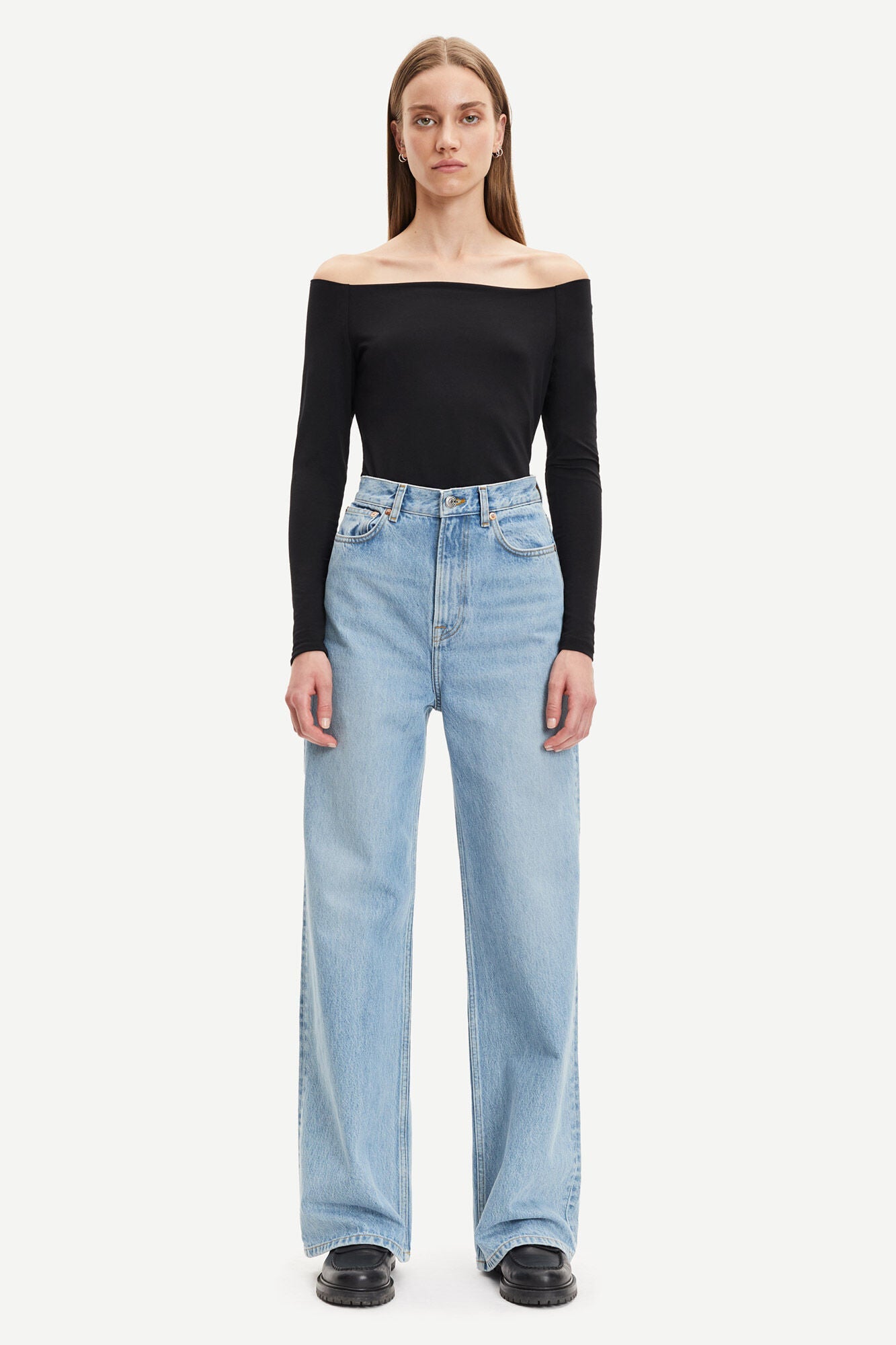 Top manches longues col dégagé noir en coton bio et modal - nana ls 265 black