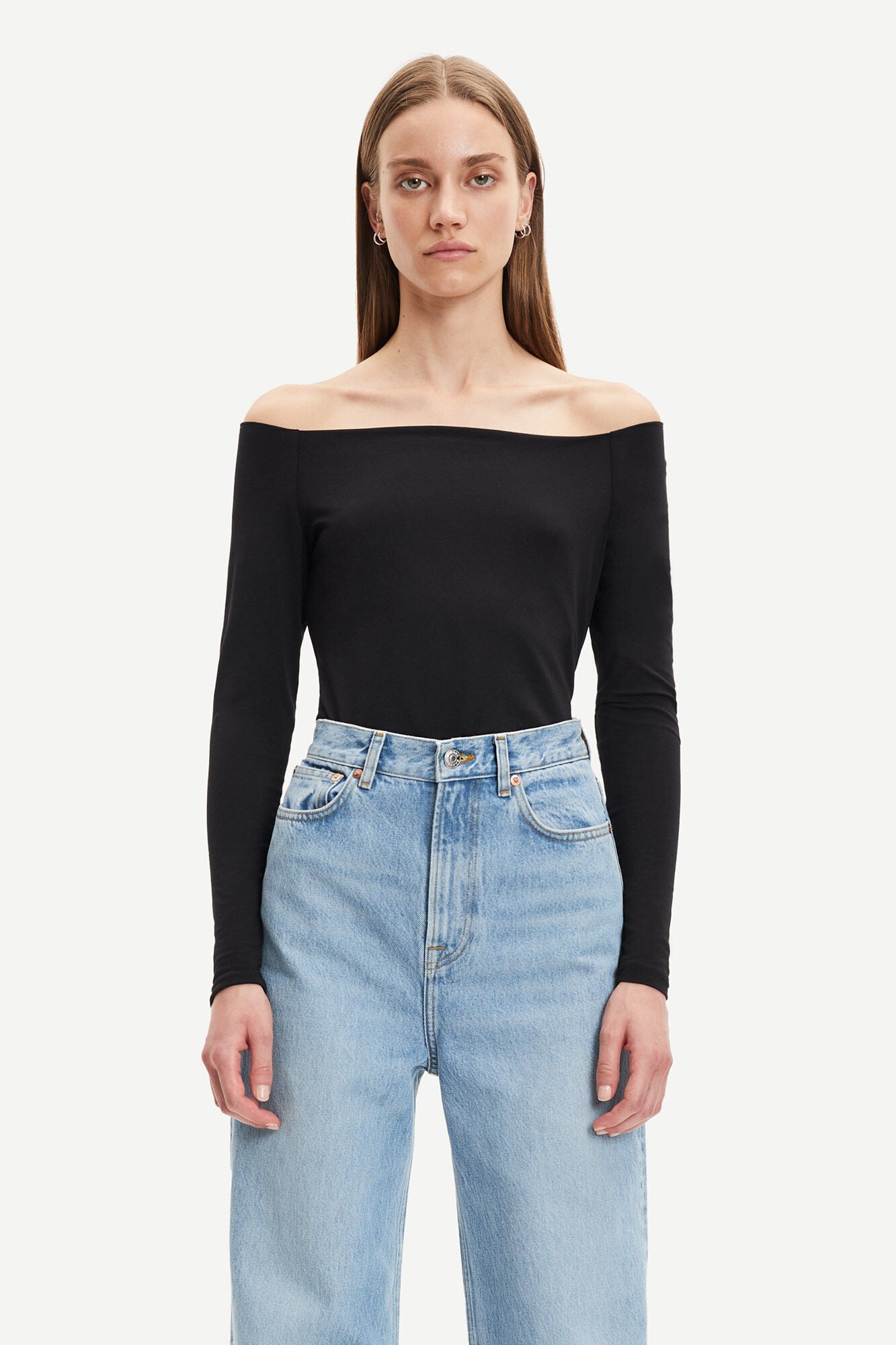 Top manches longues col dégagé noir en coton bio et modal - nana ls 265 black