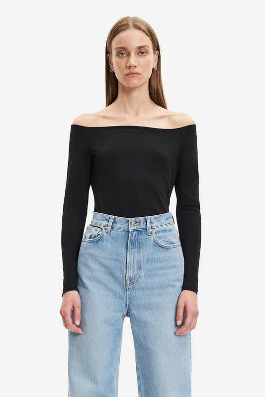 Top manches longues col dégagé noir en coton bio et modal - nana ls 265 black