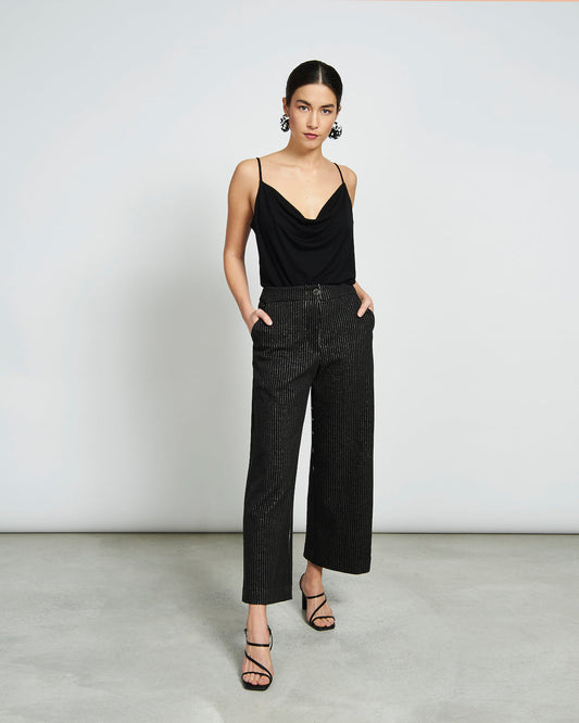 Pantalon ample noir à fines rayures noir en coton bio - Como