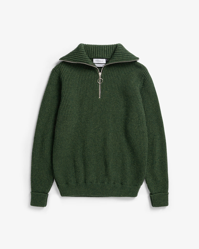 Pull maille col zippé en laine recyclée | vert "heavy knit troyer - moss green"