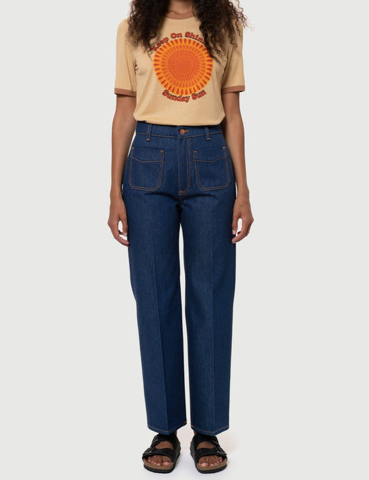 Jean droit brut en coton bio - holly western pants 70's blue denim