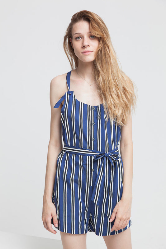 Combishort rayée bleue en coton bio - Lilly