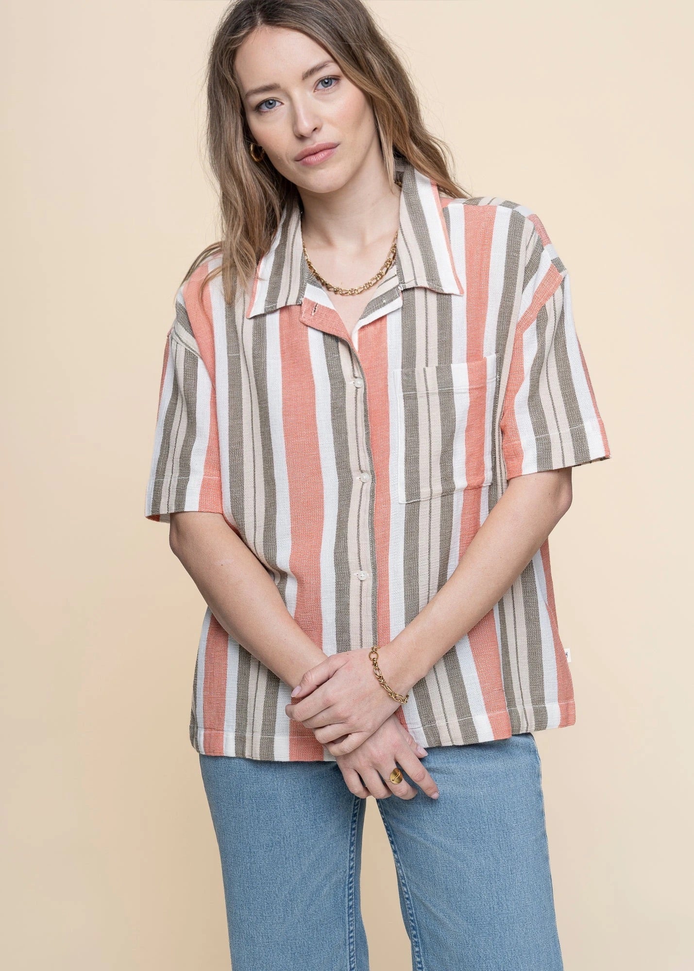 Chemise manches courtes en coton bio | rayé "striped short sleeved shirt green stripe"