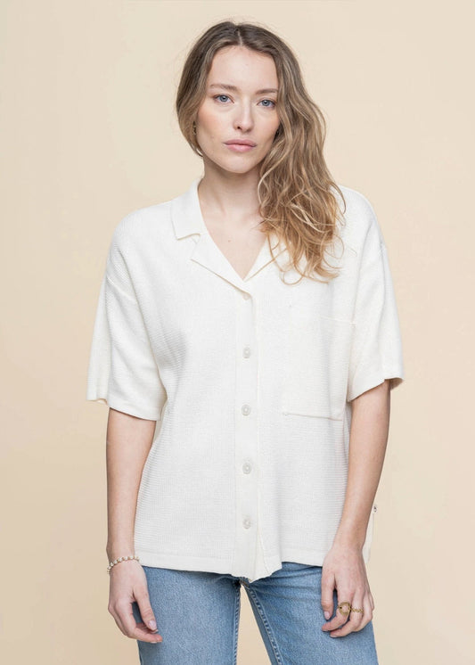 Chemise en coton biologique | blanc "racking stitch short sleeved shirt - egret"