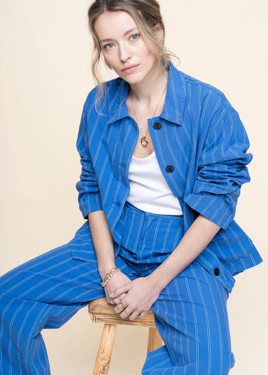 Veste en coton bio | rayé bleu 'kicki striped workwear jacket - blue/offwhite'