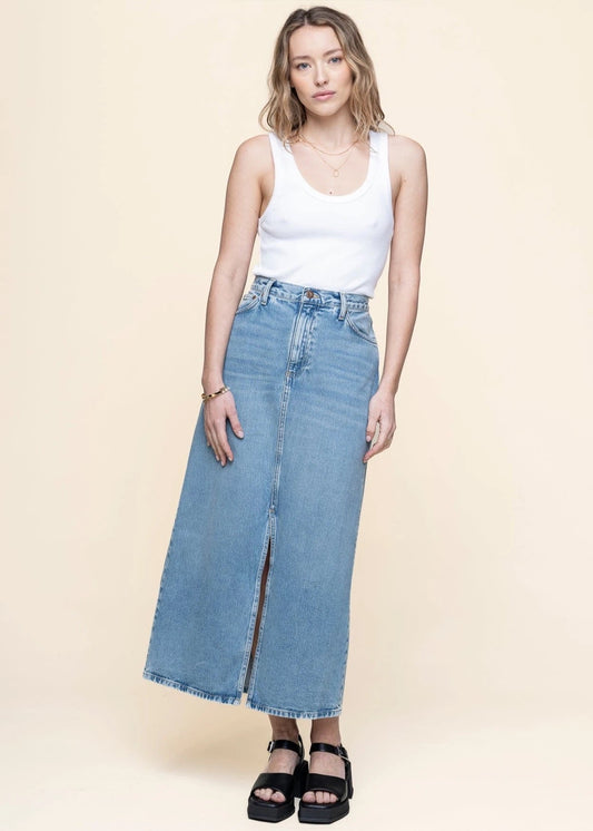 Jupe longue jean en coton bio | bleu "anna denim skirt desert - light blue"