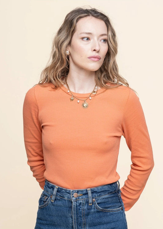T-shirt manches longues en coton biologique | orange "rib scoop neck long sleeved - langoustino"