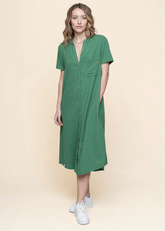 Robe longue seersucker en coton bio | vert "Bouleversement - vert gazon"