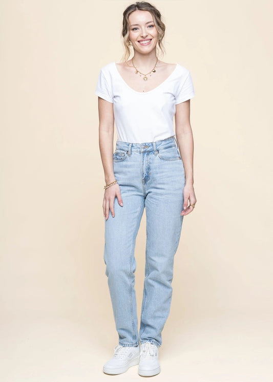 Jean mom en coton biologique | bleu "caroline cropped - blue reef super light used"