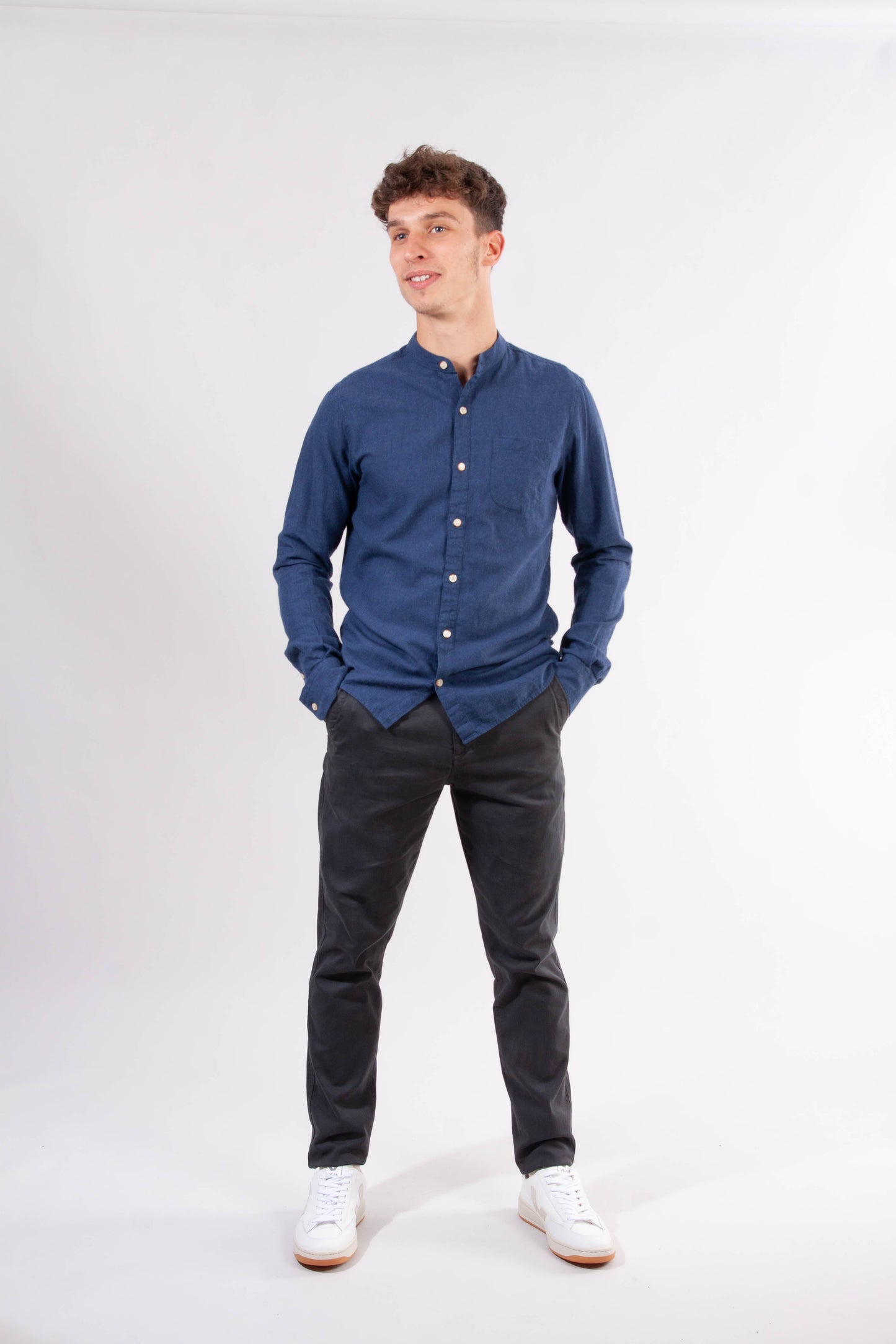 Chemise col mao en flanelle bleu foncé en coton bio - Elder