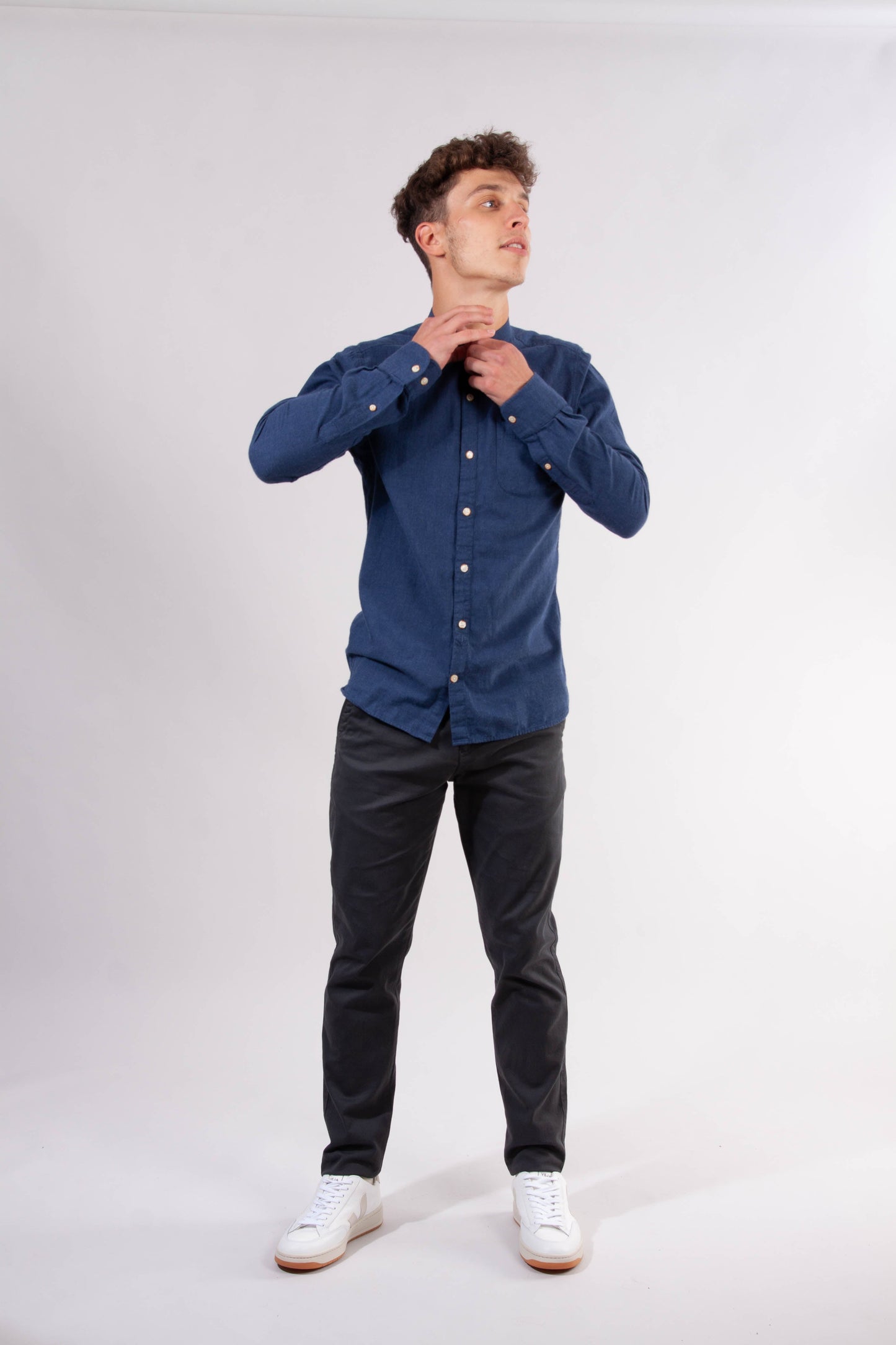Chemise col mao en flanelle bleu foncé en coton bio - Elder