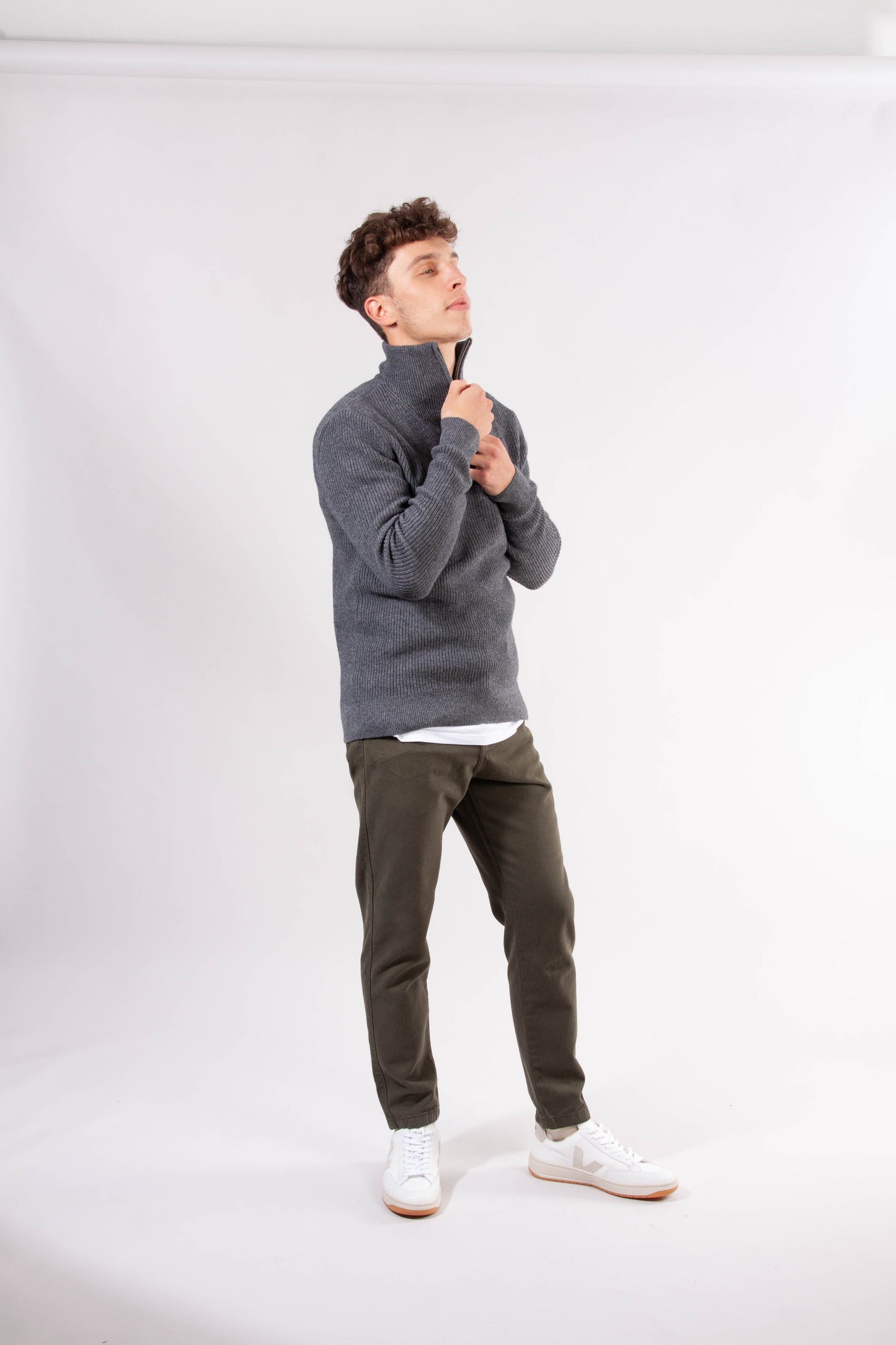 Pull col zippé gris en coton bio et laine bio - VALLEY