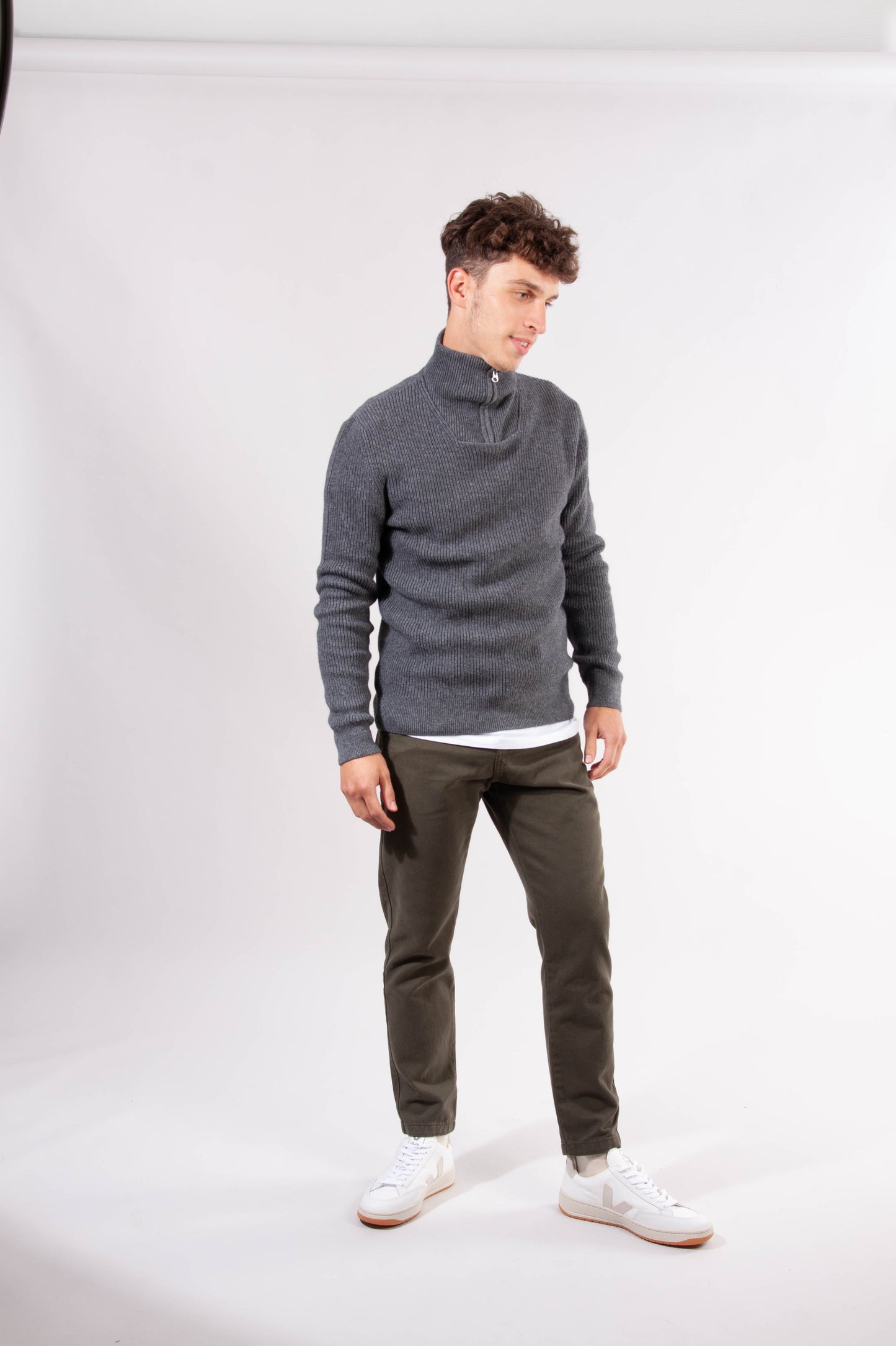 Pull col zippé gris en coton bio et laine bio - VALLEY
