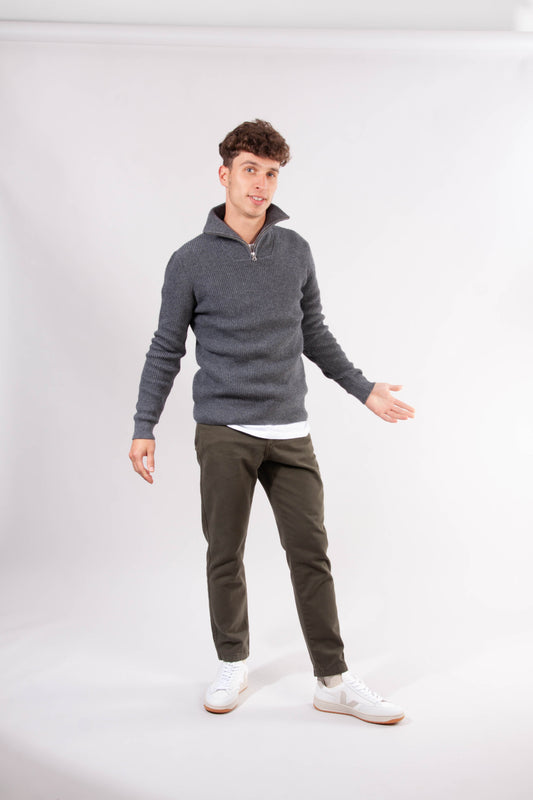 Pull col zippé gris en coton bio et laine bio - VALLEY