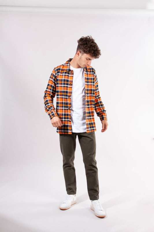 Surchemise à carreaux orange et marron en coton bio - PINE